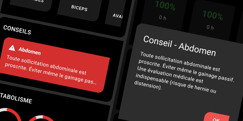 Interface FiTracking - Cartes de conseils personnalisés selon les douleurs signalées