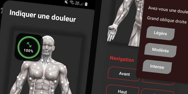Interface FiTracking - Signalement des douleurs sur avatar corporel avec conseils adaptés
