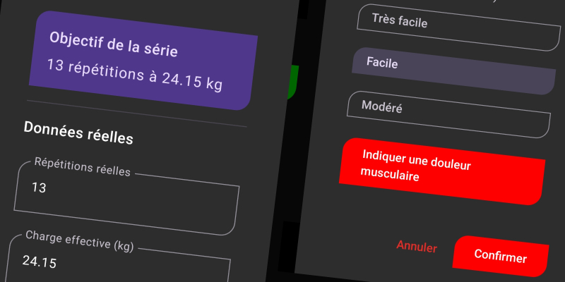 Interface FiTracking - Saisie du feedback RPE et performances après chaque série