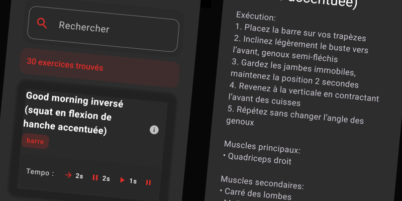 Interface FiTracking - Sélection d'exercice avec bouton info et détails complets