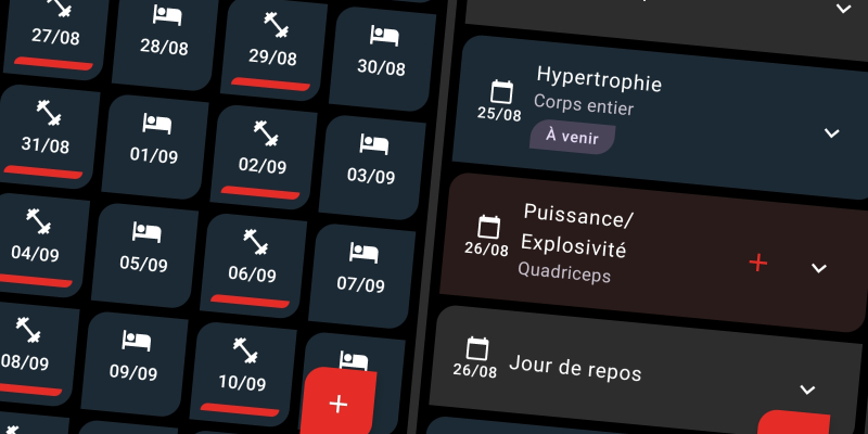 Interface FiTracking - Vue grille et vue liste pour la gestion complète des séances personnalisées